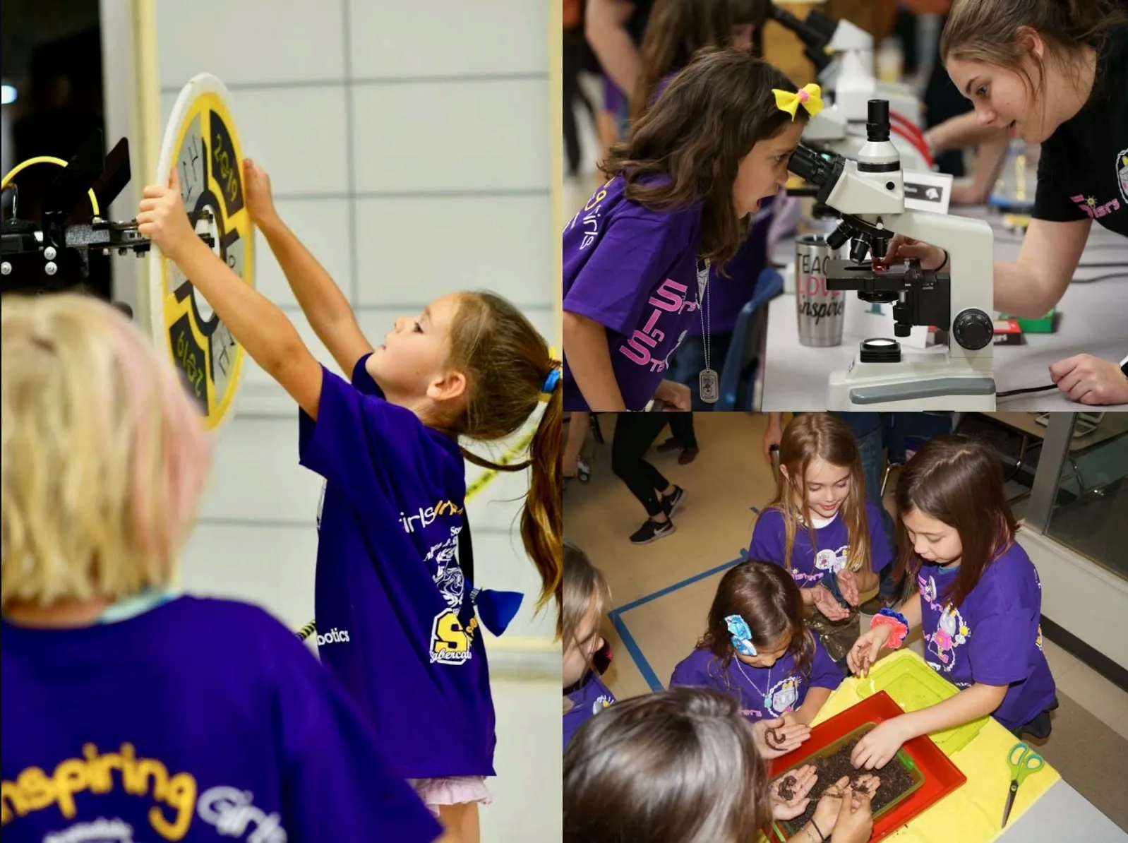3 photos consisting of female students learning about STEM through experiments.